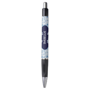 Caneta Lindo Nome Personalizado Floral Azul e Branco