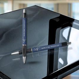 Caneta Logotipo Azul Marinho Monograma Prata Elegante