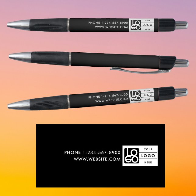 Caneta Logotipo Empresarial Simples com Texto Personaliza (Simple Business Logo Custom Text Black White Pen)