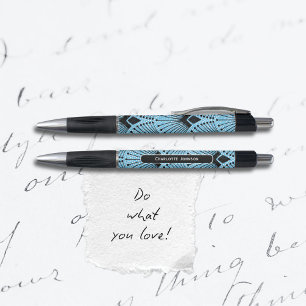 Caneta Luxo Art Deco Azul Preto Branco Padrão Pavão