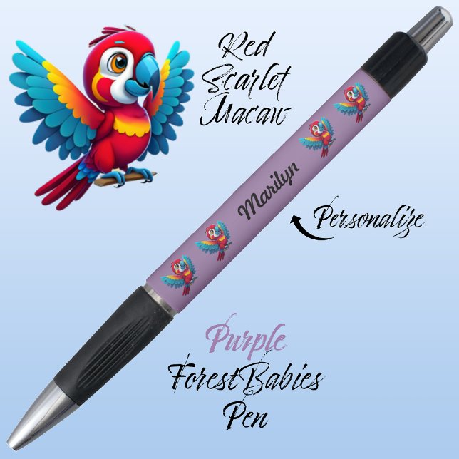 Caneta Macaw Papagaio Tropical Pássaro Safari 🦜 Roxo (Cute Whimsical Tropical Macaw Parrot Bird Cartoon Graphic, Purple Customizable ForestBabies Pen 🐦🌴)
