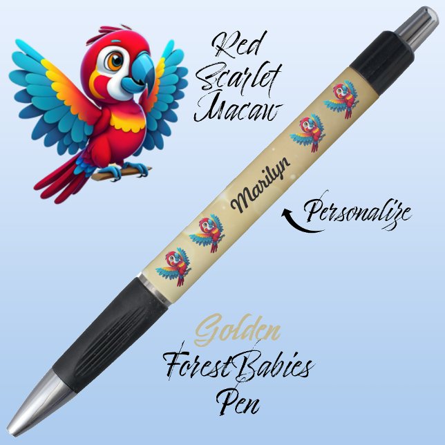 Caneta Macaw Parrot, Pássaro Tropical Safari Animal Doura (Cute Whimsical Tropical Macaw Parrot Bird Cartoon Graphic, Gold Customizable ForestBabies Pen 🐦🌴)