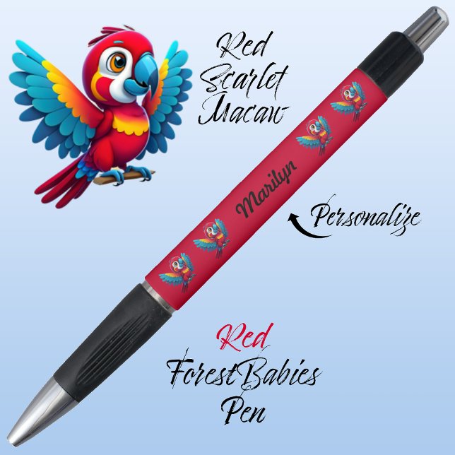 Caneta Macaw Parrot, Pássaro Tropical Safari Animal Red � (Cute Whimsical Tropical Macaw Parrot Bird Cartoon Graphic, Red Customizable ForestBabies Pen 🐦🌴)