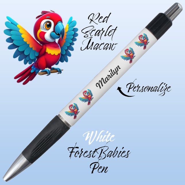 Caneta Macaw Parrot, Pássaro Tropical Safari Animal White (Cute Whimsical Tropical Macaw Parrot Bird Cartoon Graphic, White Customizable ForestBabies Pen 🐦🌴)