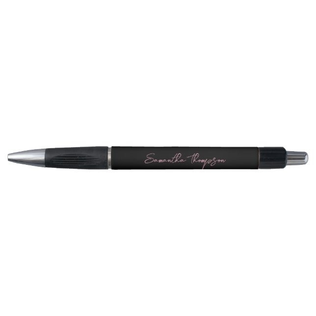 Caneta Moderno Chic Rosa Preto Script Minimalista  (Frente)