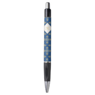 Caneta Monograma Azul e Dourado Quatre Floral