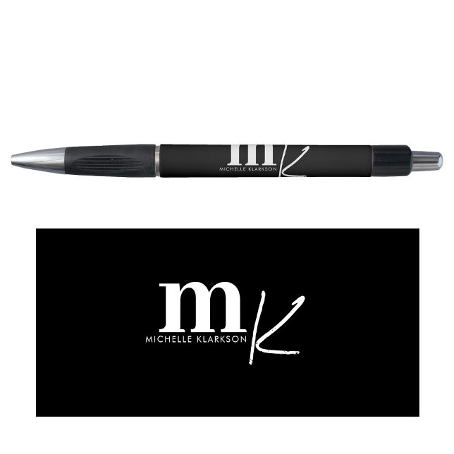 Caneta Monograma branco preto minimalista moderno (Criador carregado)