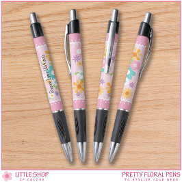 Caneta Monograma Floral Branco Rosa