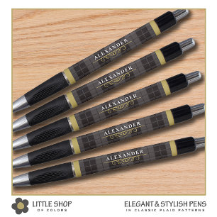 Caneta Monograma Xadrez Preto Elegante Dourado