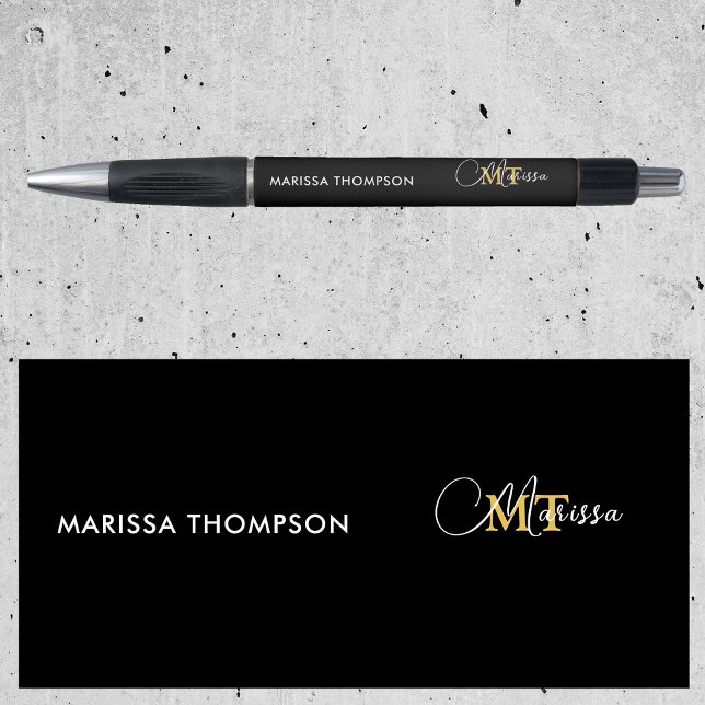 Caneta Nome de Script de Monograma Preto Elegante Persona (Elegant Black Gold Custom Monogram Script Name Pen)
