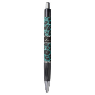 Caneta Nome personalizado turquoise gliter leopardo