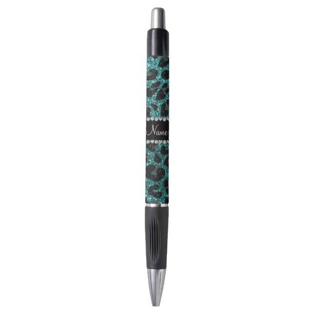 Caneta Nome personalizado turquoise gliter leopardo (Frente Vertical)
