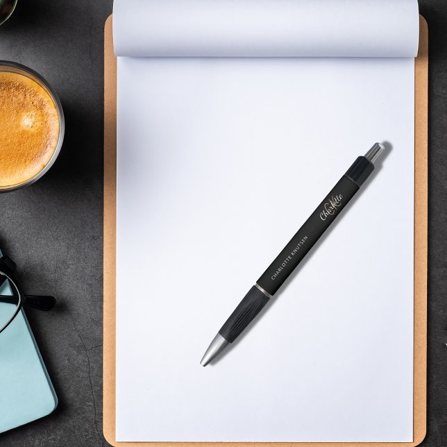 Caneta Ouro negro nome personalizado monograma script (Criador carregado)