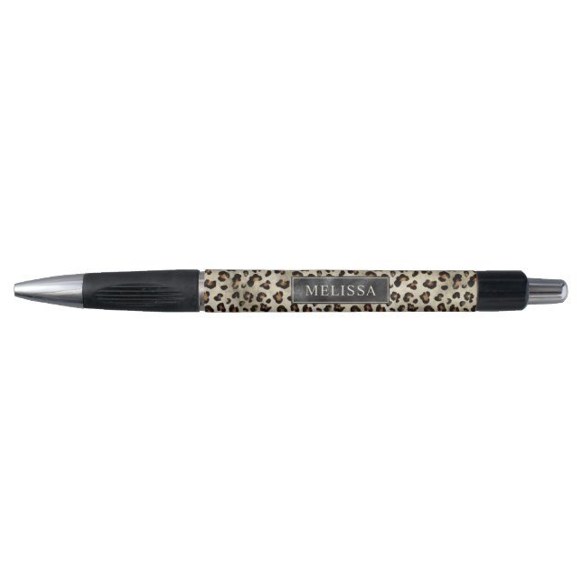 Caneta Padrão de Impressão de Leopardo em Bege com Nome (Frente)