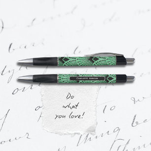 Caneta Padrão de Pavão Verde Preto e Branco Art Déco Vint