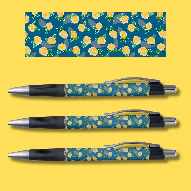 Caneta Padrão de Rosa Floral Amarelo (Pretty yellow rose design on teal blue background.  Original pattern illustration shown at the top.)