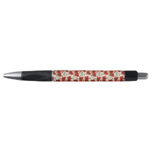 Caneta Padrão Floral de Papoula Vermelha Vintage Arte Bot