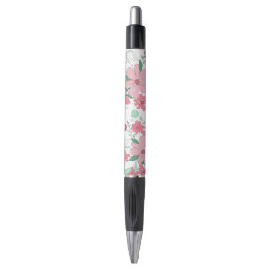 Caneta Padrão Floral Rosa Suave com Folhas Verde-Menta
