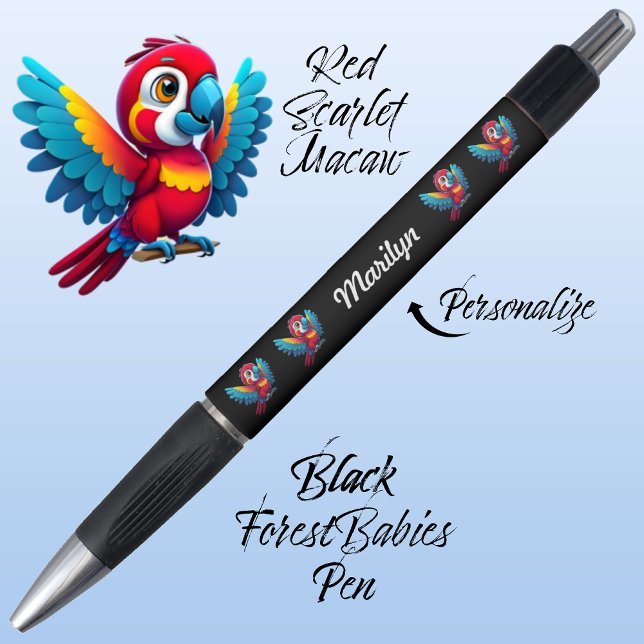 Caneta Papagaio-Macaw, Pássaro Tropical Safari Animal 🦜  (Cute Whimsical Tropical Macaw Parrot Bird Cartoon Graphic, Black Customizable ForestBabies Pen 🐦🌴)