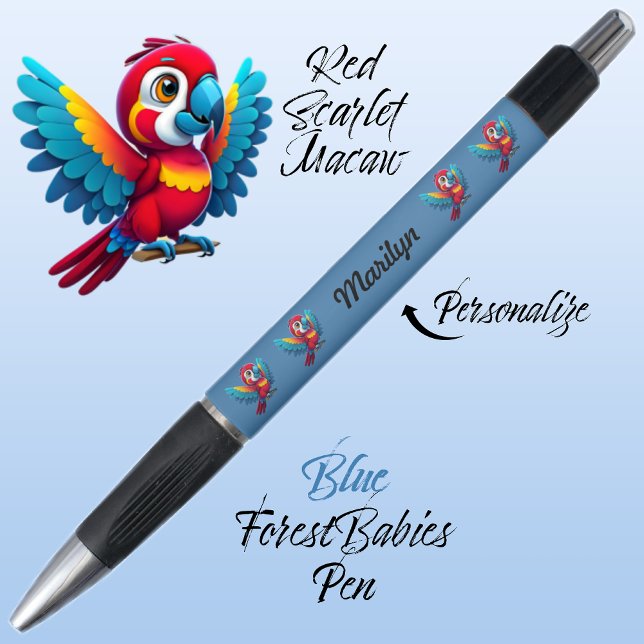 Caneta Papagaio-Macaw, Pássaro Tropical Safari Animal Blu (Cute Whimsical Tropical Macaw Parrot Bird Cartoon Graphic, Blue Customizable ForestBabies Pen 🐦🌴)