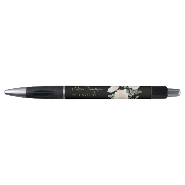 Caneta Personalizado Floral Elegante Preto e Verde (Frente)