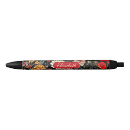 Caneta Personalizável Floral Escuro Vermelho e Cre