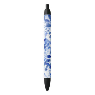Caneta Preta Abstrato Azul e Folhas Brancas