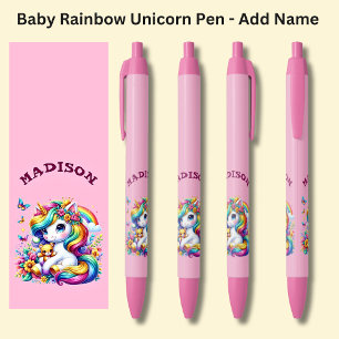 Caneta Preta Adicionar nome, Baby Rainbow Unicorn a rosa
