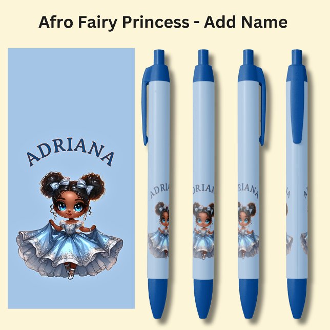Caneta Preta Adicione nome, Afro Fairy Princess em Azul (Criador carregado)