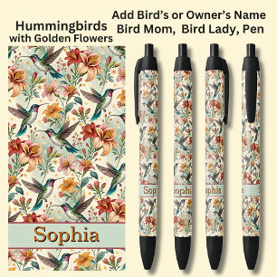 Caneta Preta Adicione nome, Hummingbird com Flores de Ouro