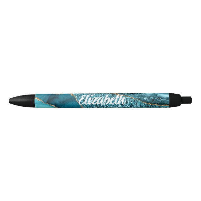 Caneta Preta Agato Azul-Teal Personalizado (Frente)