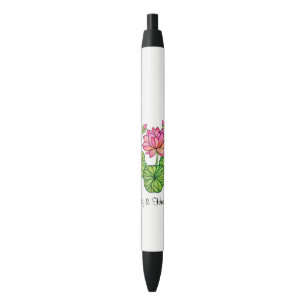 Caneta Preta Aguarela Lotus cor-de-rosa com botões & folhas