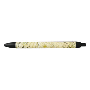 Caneta Preta Alphonse Mucha Peonias Padrão Floral Art Nouveau
