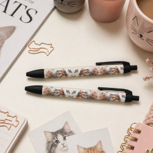 Caneta Preta Amantes de Gatos Gato Calico Floral Escrita