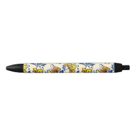 Caneta Preta Amarelo Laranja Floral Folclórico Vintage Folha Az