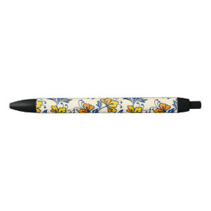 Caneta Preta Amarelo Laranja Floral Folclórico Vintage Folha Az