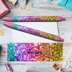 Caneta Preta Arco-íris Colorido Brilho Nome Personalizado