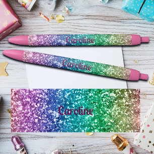 Caneta Preta Arco-íris Colorido Brilho Nome Personalizado