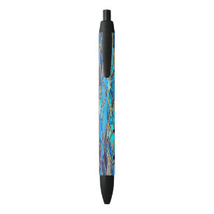 Caneta Preta Arte em Mosaico Azul e Dourado do Mar de Ondas