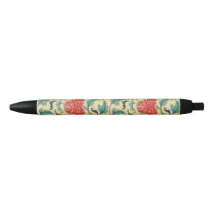 Caneta Preta Arte Nova Antiga Chinoiserie Floral Vermelho Chinê