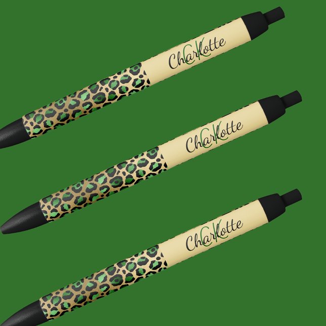Caneta Preta Assinatura do nome monograma dourado verde leopard (Criador carregado)