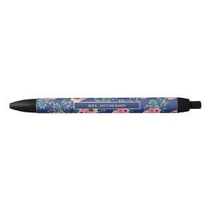 Caneta Preta Azul marinho Chic Watercolor Floral Personalizado