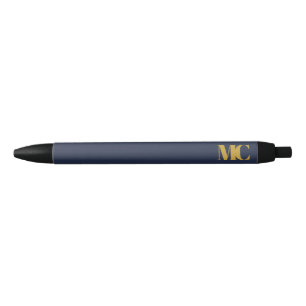 Caneta Preta Azul Marinho Dourado Monograma Elegante Moderno