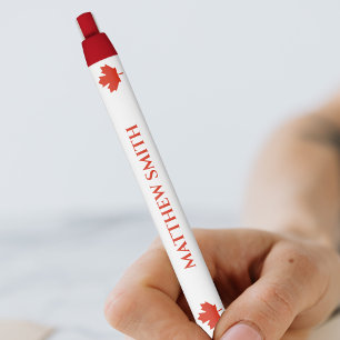 Caneta Preta Bandeira Canadense Vermelha e Branca Canadá Nome F