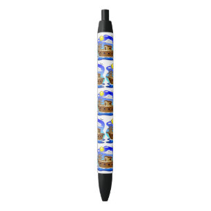 Caneta Preta Barco de Pesca Cartoon
