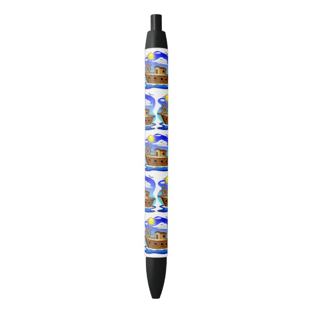 Caneta Preta Barco de Pesca Cartoon  (Frente Vertical)