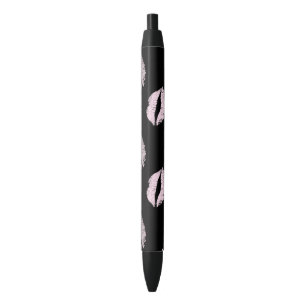Caneta Preta Beijos Rosa Prateados