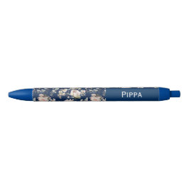 Caneta Preta Bird in Blossom Flowers Navy Blue Custom Name