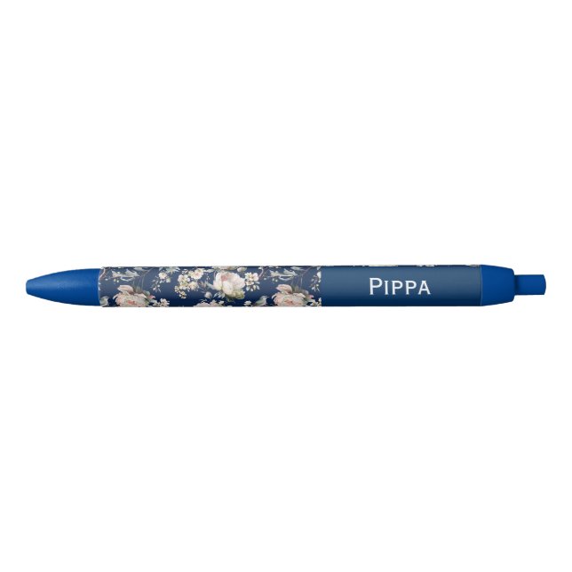 Caneta Preta Bird in Blossom Flowers Navy Blue Custom Name  (Frente)