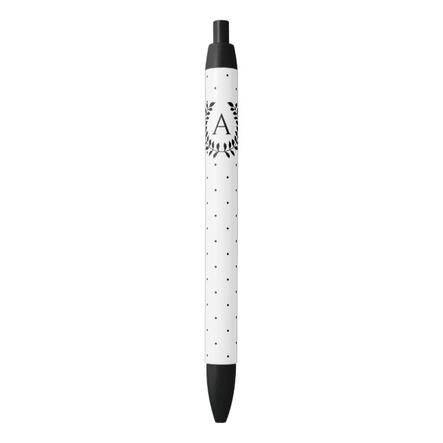 Caneta Preta Black And White Laurel Monogram Polka Dot Pattern (Frente Vertical)